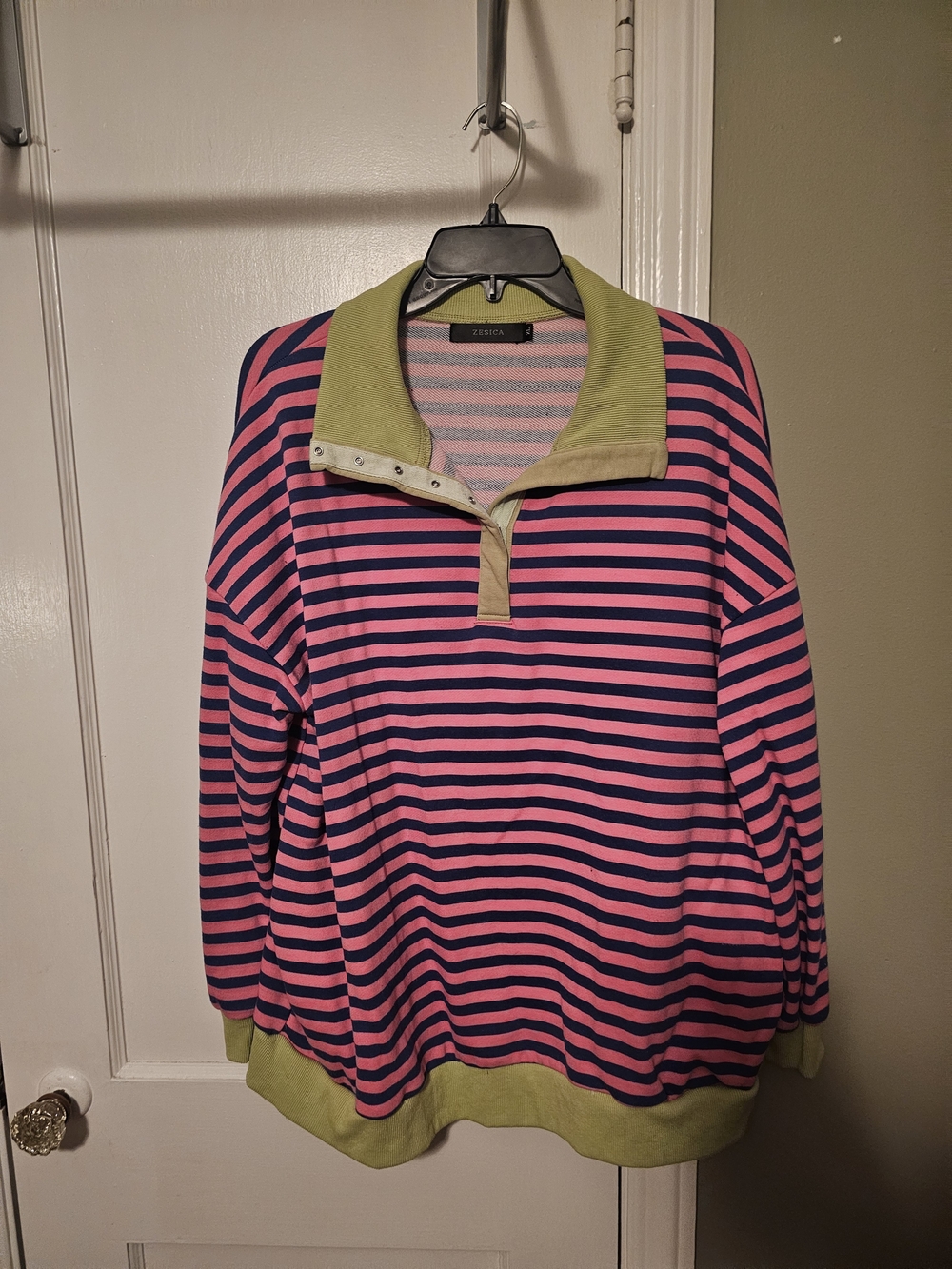Striped Pink & Navy Pullover Sweater with Lime Trim